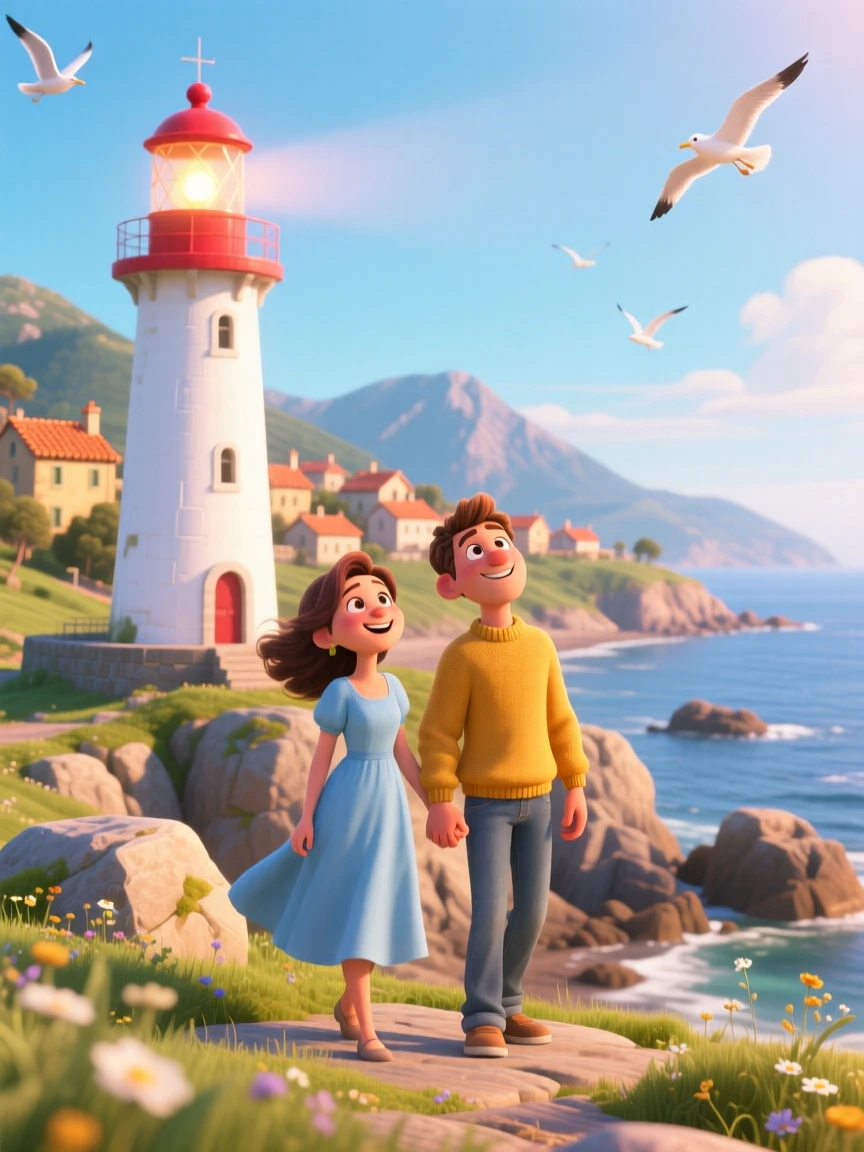A couple holding hands stands beside a lighthouse on a rocky coastline, pausing to breathe in the fresh mountain air. A sense of wonder and freedom fills the moment, with terracotta rooftops stretching into the distance.