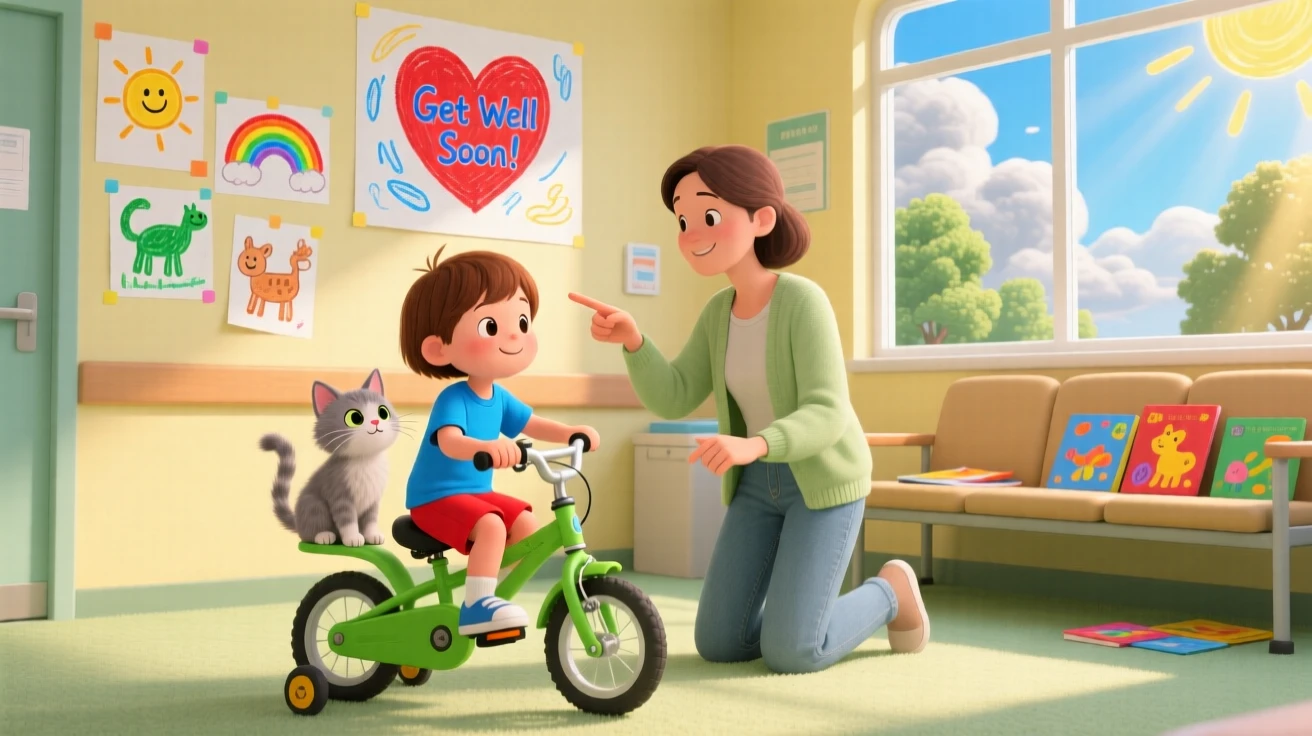 A child and a stray kitten are seen learning to ride a bike with a patient helper close by in a hospital waiting room decorated with drawings, while the sun breaks through the clouds.