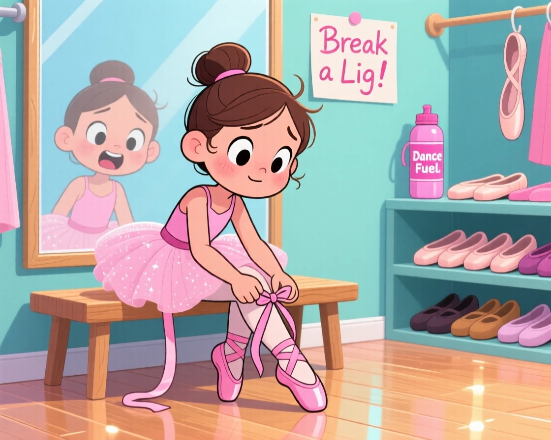 A young ballerina tying her shoes before her first big performance.