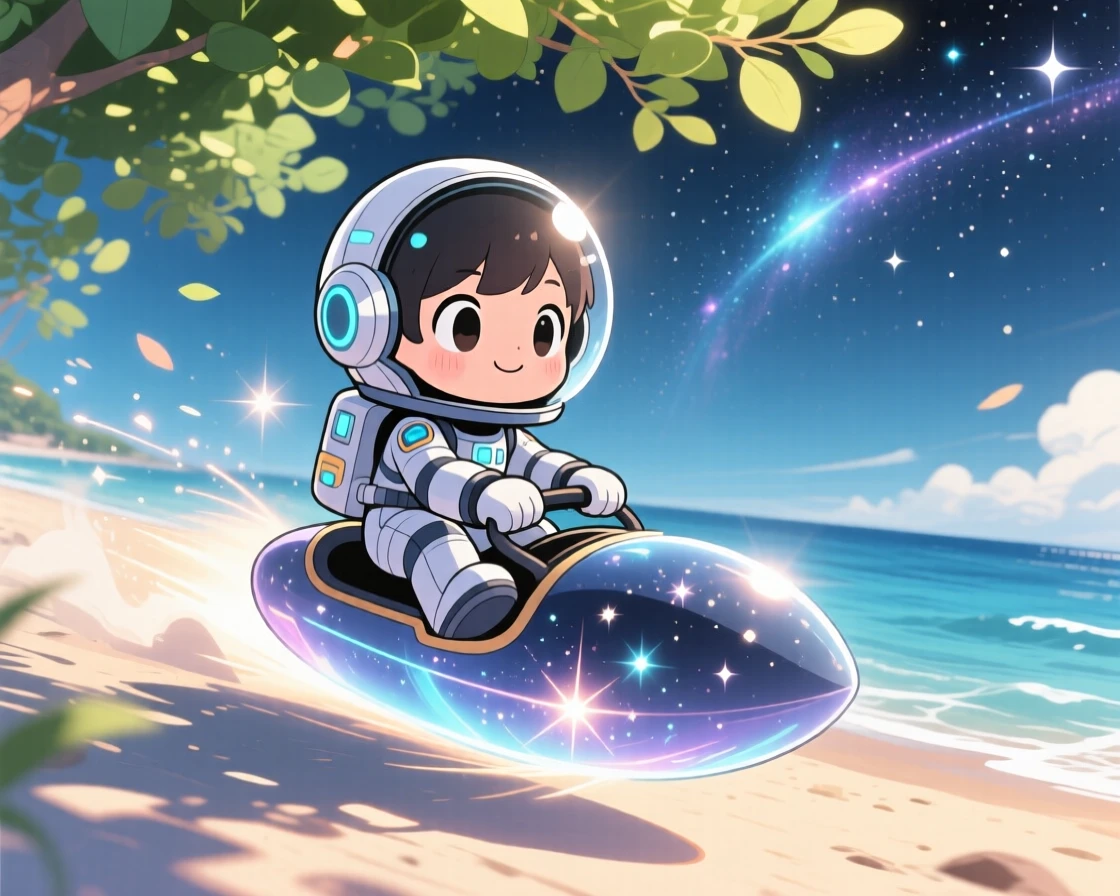 In a starry cosmic trail, a young space explorer is riding a comet like a sled on a breezy coastal afternoon, bathed in dappled sunlight through a canopy, expression full of quiet contentment. Shot as a three-quarter view.