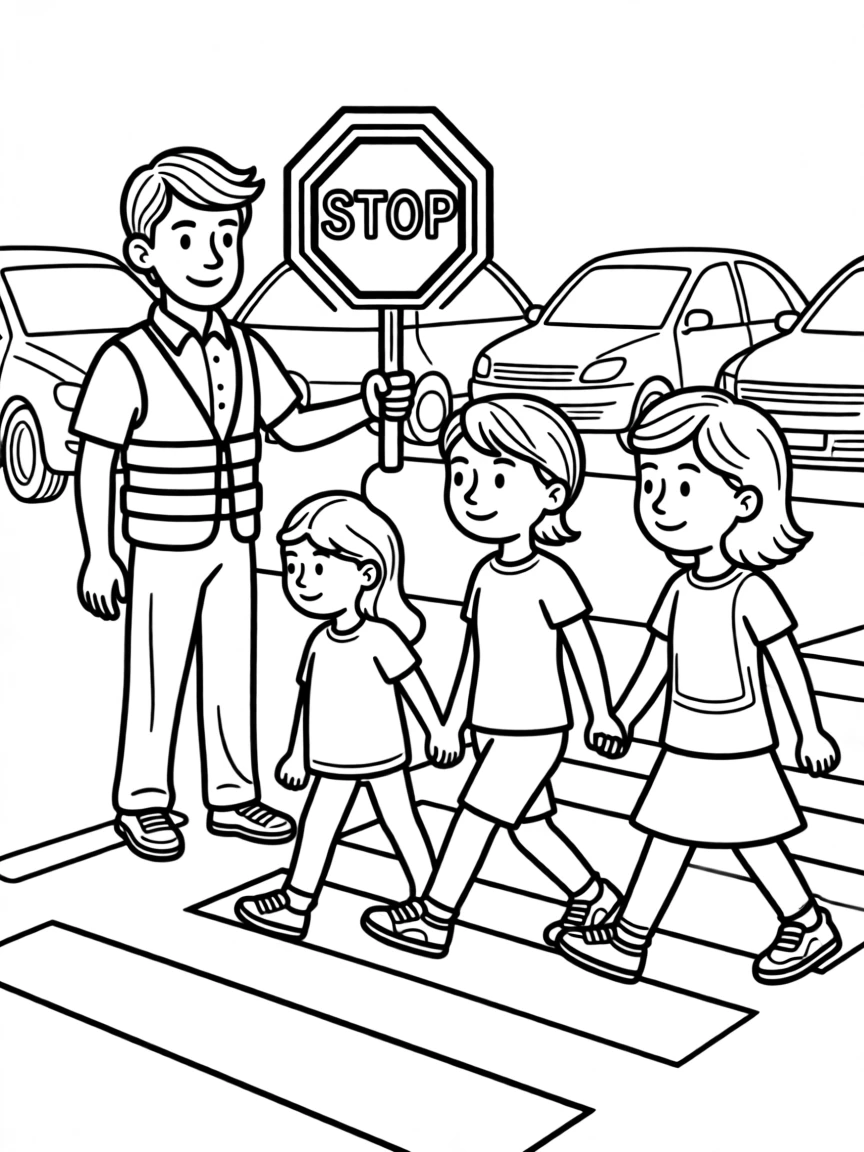 A crossing guard helping schoolchildren cross a busy street