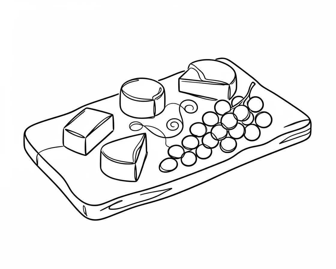 A rustic wooden board arranged with an assortment of cheeses and grapes