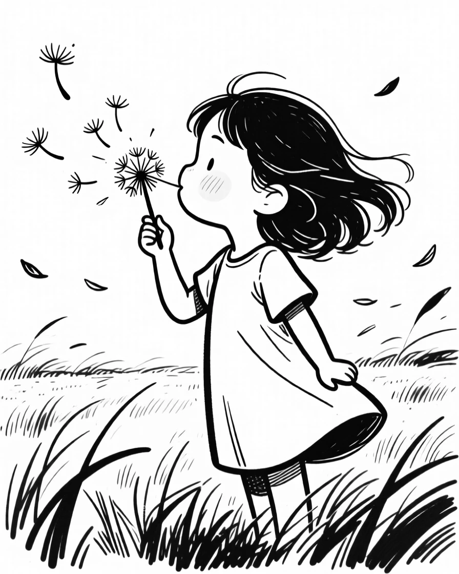 A young girl blowing dandelion seeds into the wind in a sunlit meadow.