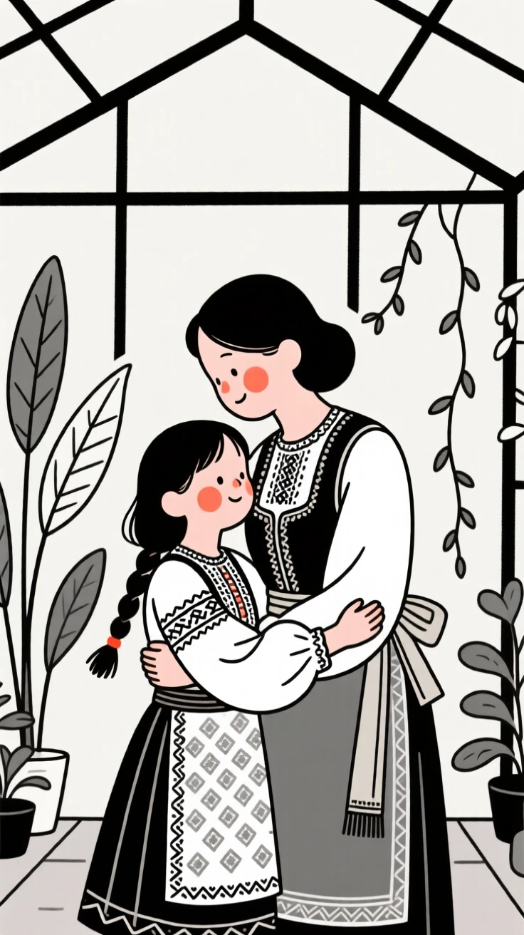 A seven-year-old girl of Irish heritage wearing a Greek folk costume, sharing a tender embrace, in a botanical garden greenhouse.
