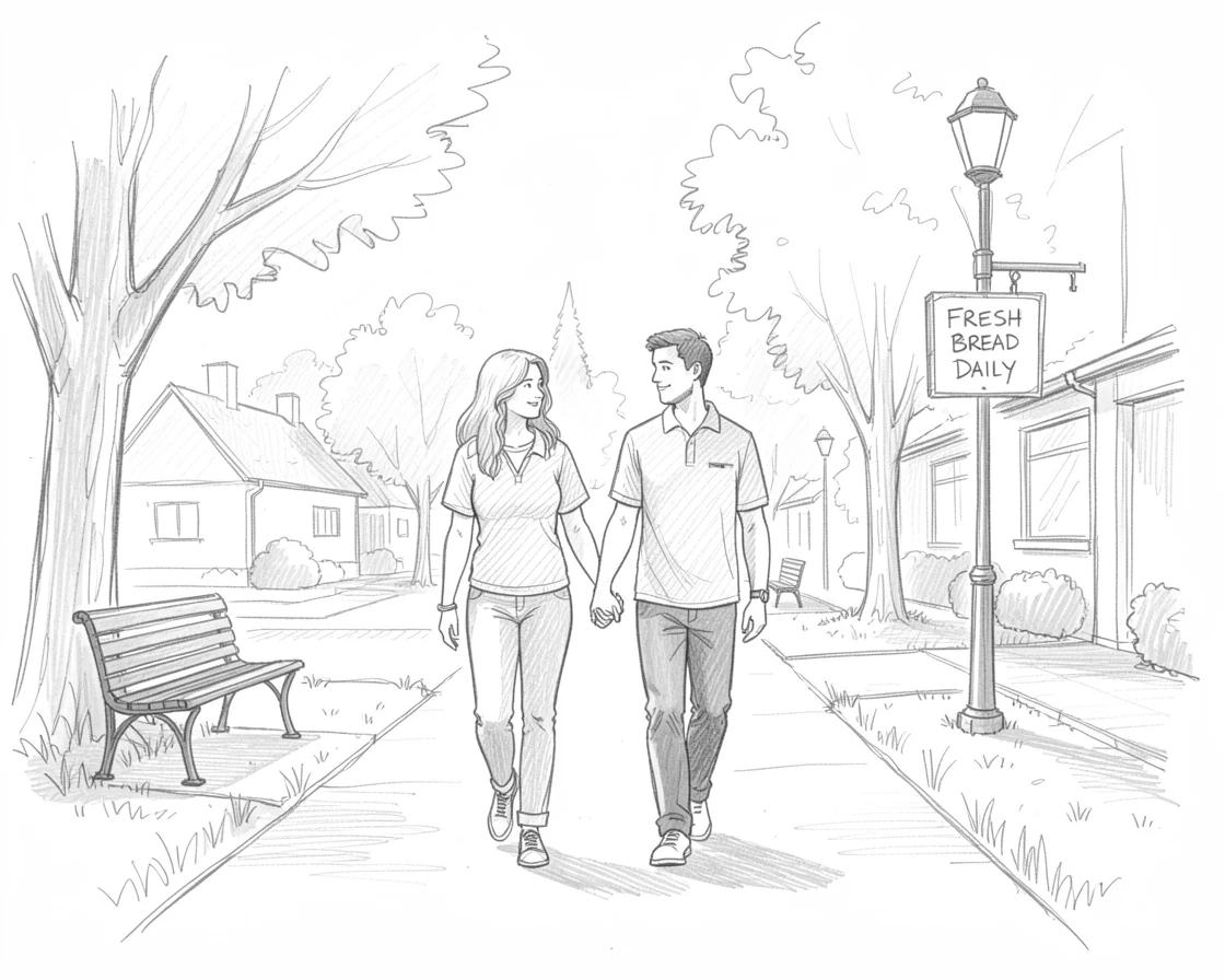 A warm everyday moment: a couple walking hand in hand through a park in a peaceful suburban park, with the scent of fresh bread lingering in the air.