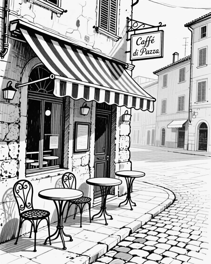 A traditional Italian piazza-facing café with striped awnings and small tables.
