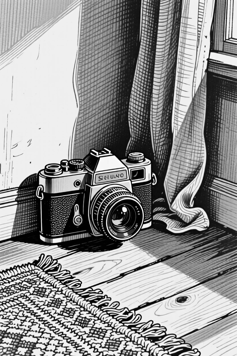 A classic film camera tucked into the corner of a cozy room, with delicate shadows stretching beside it, forming a gently sentimental still-life study.