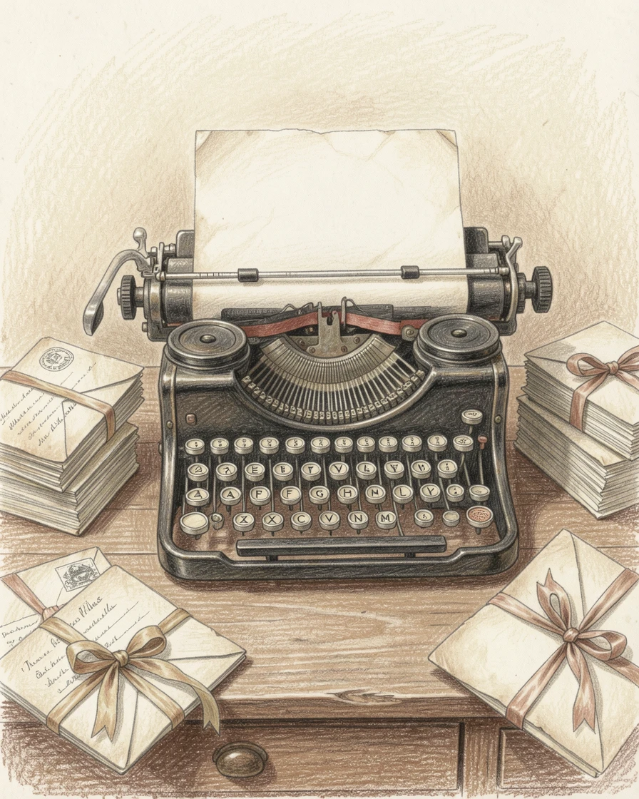 A vintage typewriter surrounded by stacks of old letters, with a nostalgic, well-loved quality, perfect for a vintage-inspired decorative aesthetic.