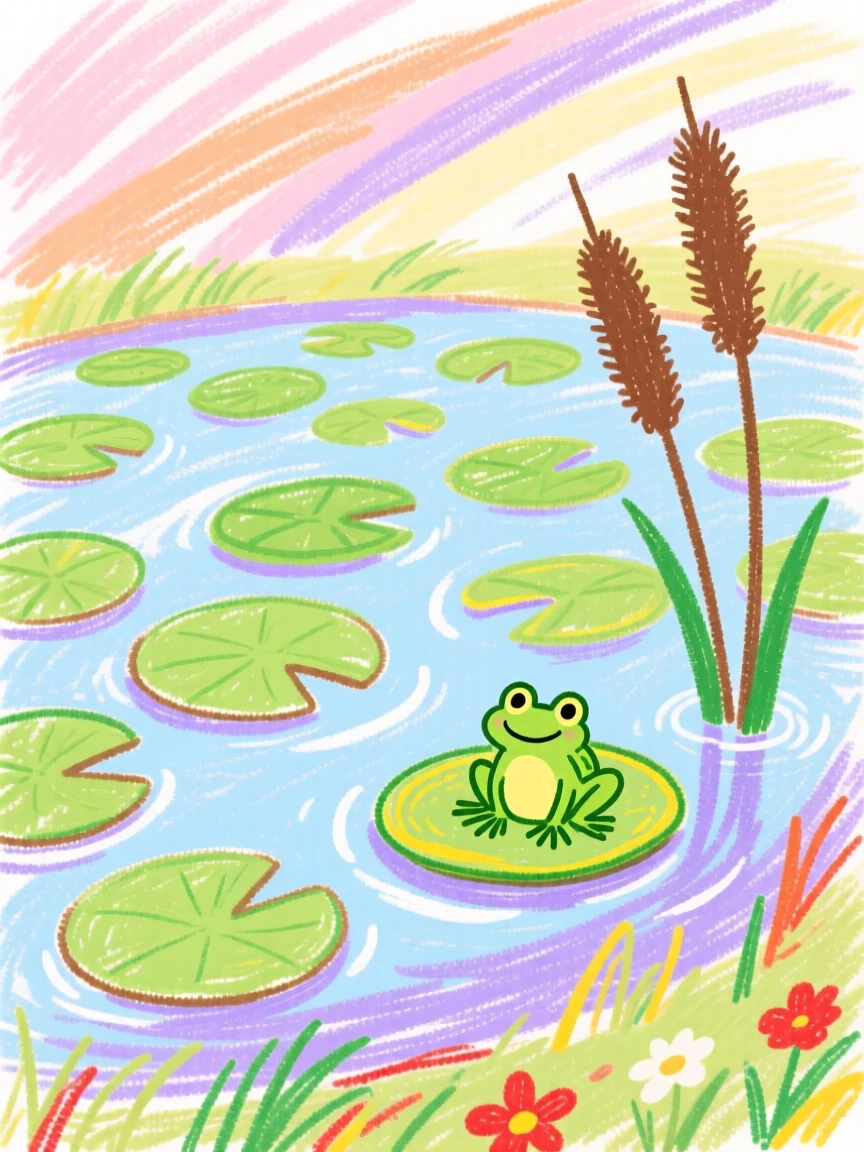 A view of a quiet pond covered in lily pads under a soft pastel morning sky.
