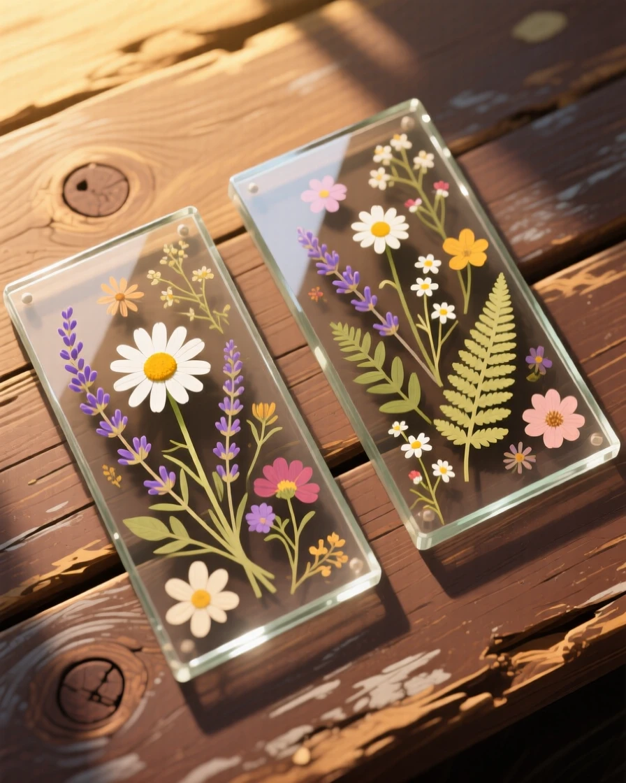 A collection of pressed flowers preserved between glass panes, resting on a weathered wooden surface, arranged in a carefully styled flat lay, with soft golden light highlighting fine craftsmanship.
