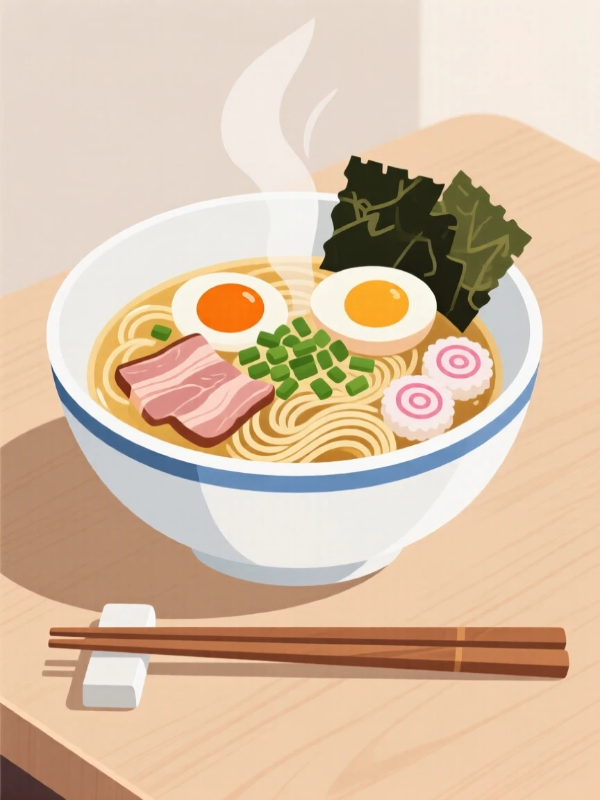 A beautifully arranged plate of a bowl of ramen ready to be served at a family dinner.