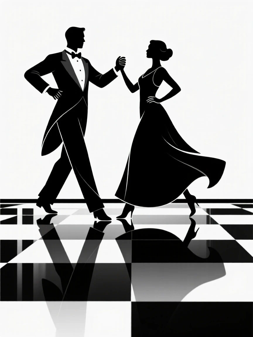 A ballroom dance couple gliding across a polished floor.