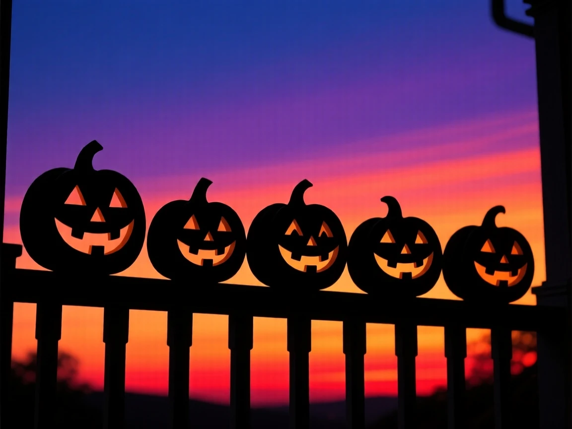 A row of carved pumpkins glowing on a porch at dusk on Halloween night.