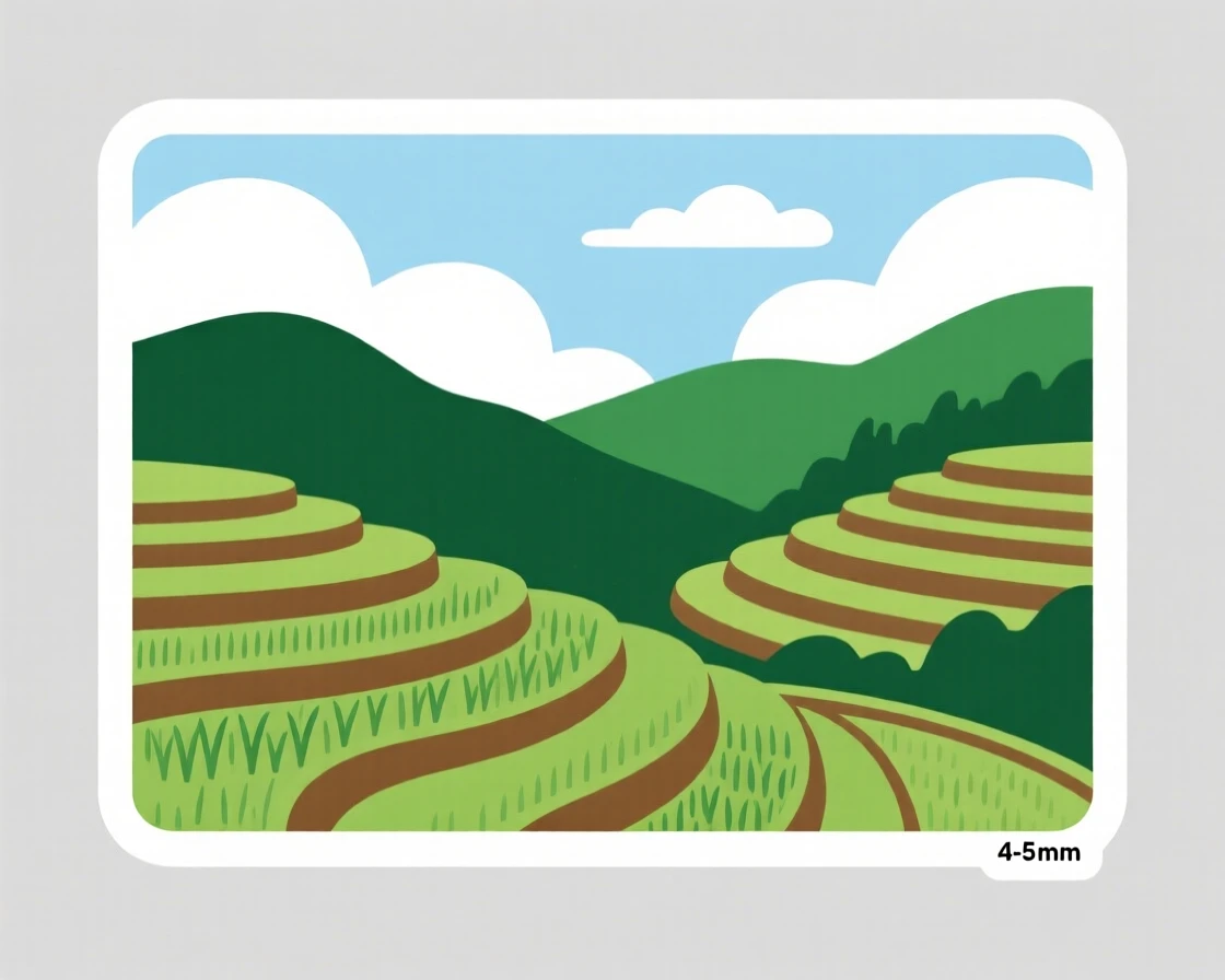 A richly colored rice terraces carved into green hills, with soft clouds drifting overhead, on a peaceful weekend getaway.