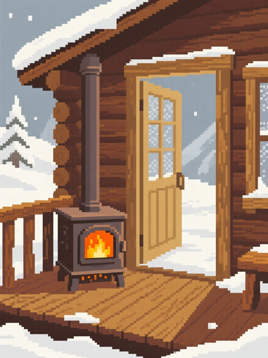 A cabin porch warmed by a small wood stove nearby, inside a snowbound mountain cabin.