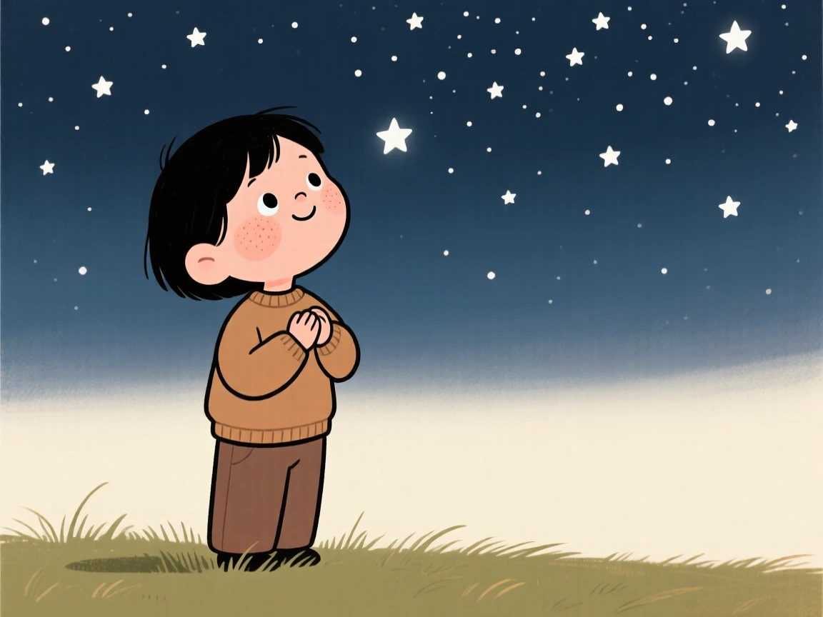A young child looks up in quiet wonder at a sky full of stars, hands clasped together as a feeling of gratitude settles over the scene.
