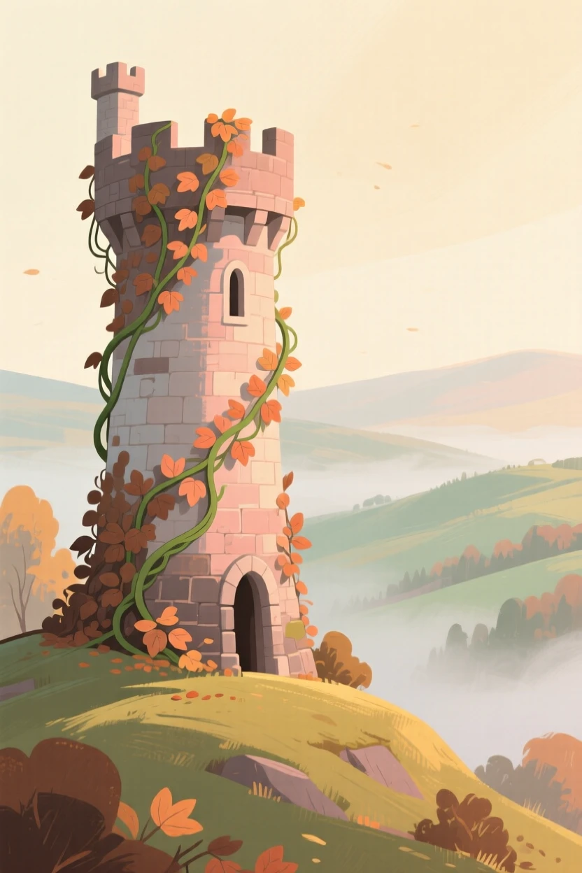 A castle tower wrapped in autumn ivy overlooking a misty valley