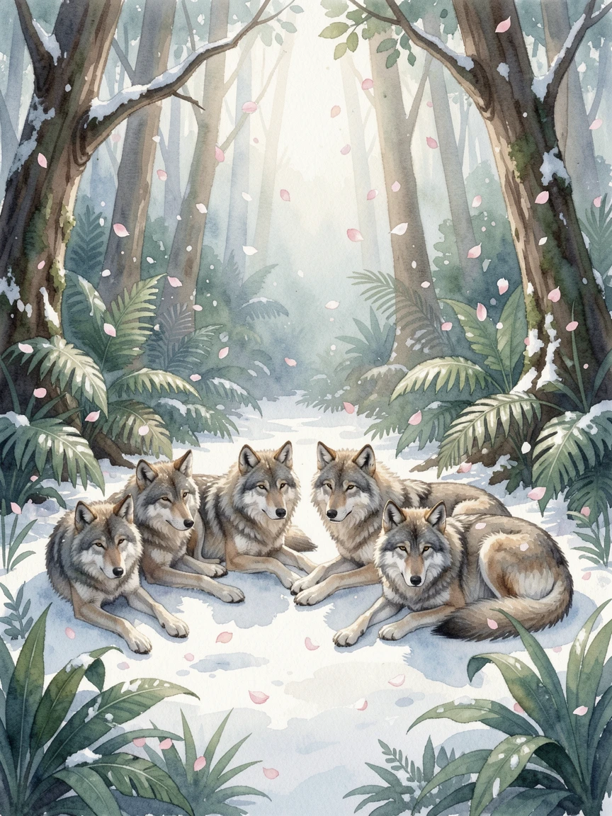 A wolf pack in a snowy forest in a lush jungle clearing surrounded by falling flower petals.