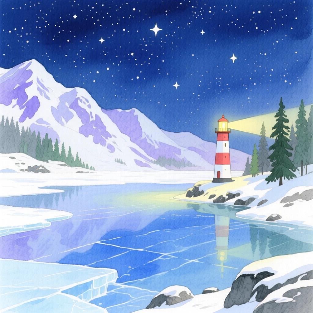 A breathtaking view of a frozen alpine lake under a canopy of stars, with a distant lighthouse visible on the shore