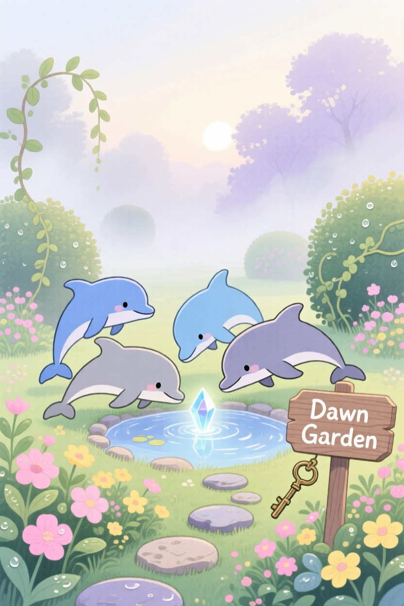 A playful dolphin pod discovering something new in a quiet garden at dawn on a foggy morning.