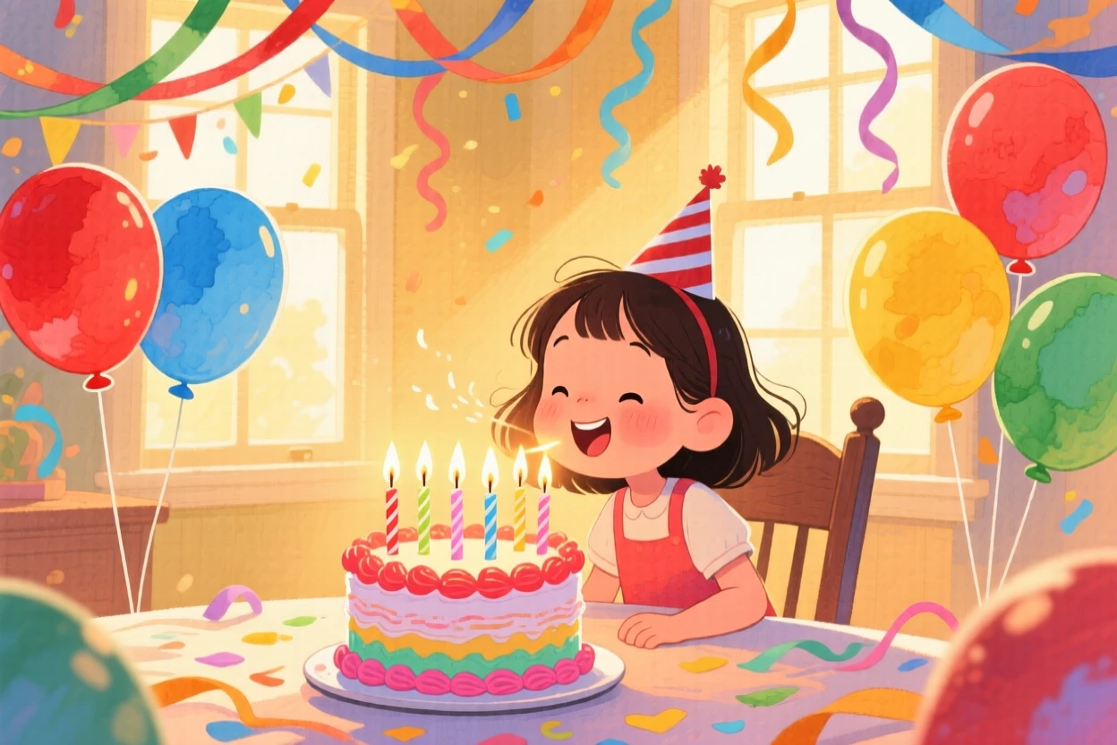 A little girl blowing out candles on her birthday cake, in a table decorated with balloons and streamers, with warm golden light glowing from every window, evoking pure childhood happiness.