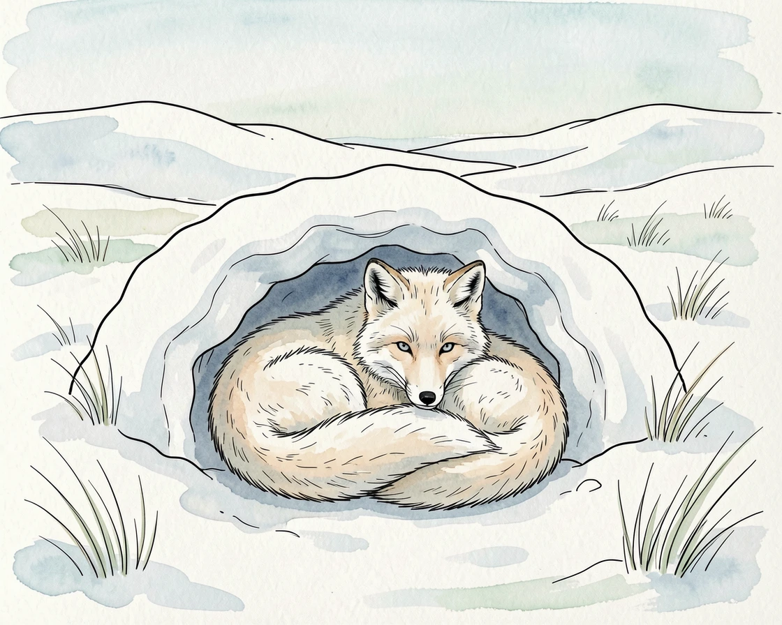 A pair of arctic foxes curled together in a snowy den, the surrounding landscape stretching wide and open behind them.