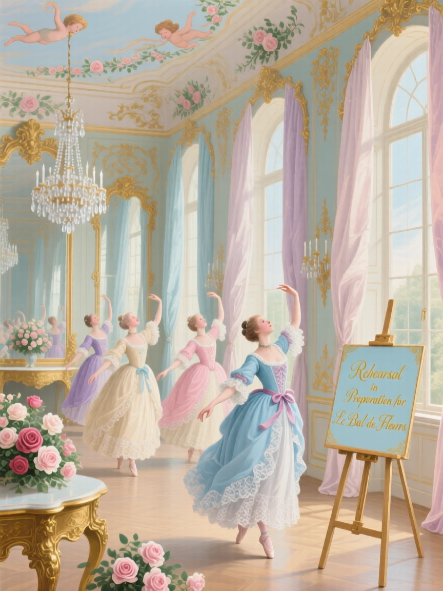 A troupe of dancers rehearsing in a mirrored hall before a gala  