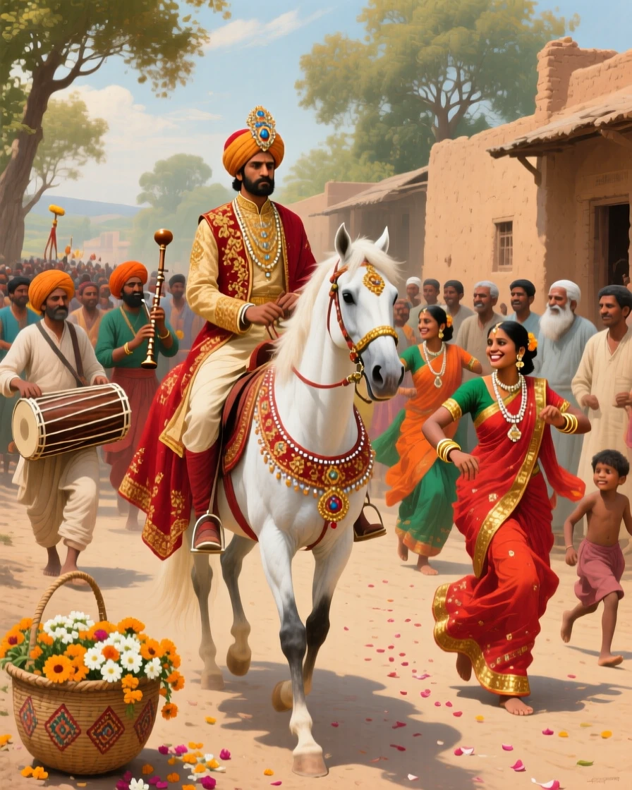 An Indian wedding procession with vibrant colors, music, and dancing, capturing the customs and craftsmanship unique to the era, celebrating the rich diversity of world cultures and traditions