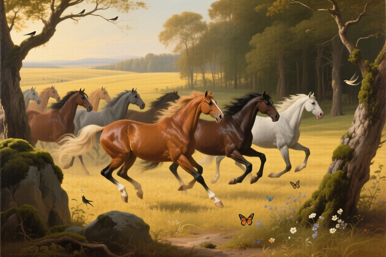 A flock of wild horses galloping freely across an open golden plain in a fleeting instant of natural beauty rarely witnessed, set within a sunlit forest clearing alive with birdsong, with small birds or butterflies adding quiet movement to the scene; strong natural framing from branches or rock formations draws the eye inward, capturing a quiet, breathtaking moment of wild grace.