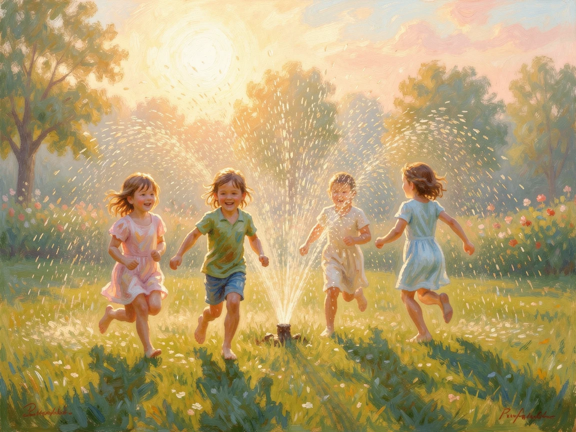 Children running through a sunlit sprinkler on a summer afternoon, laughter echoing across a green lawn, at golden sunrise.