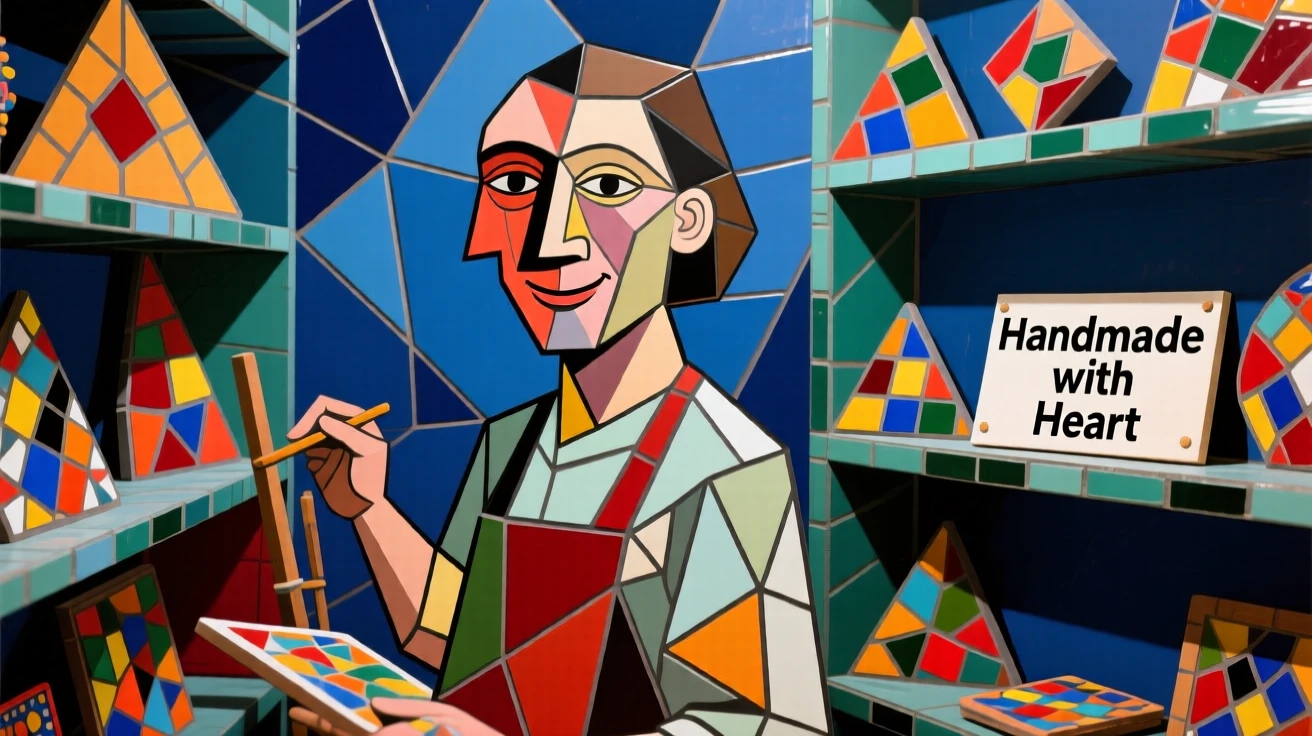 A candid medium shot of a glass mosaic artist smiling gently beside shelves lined with handmade wares.