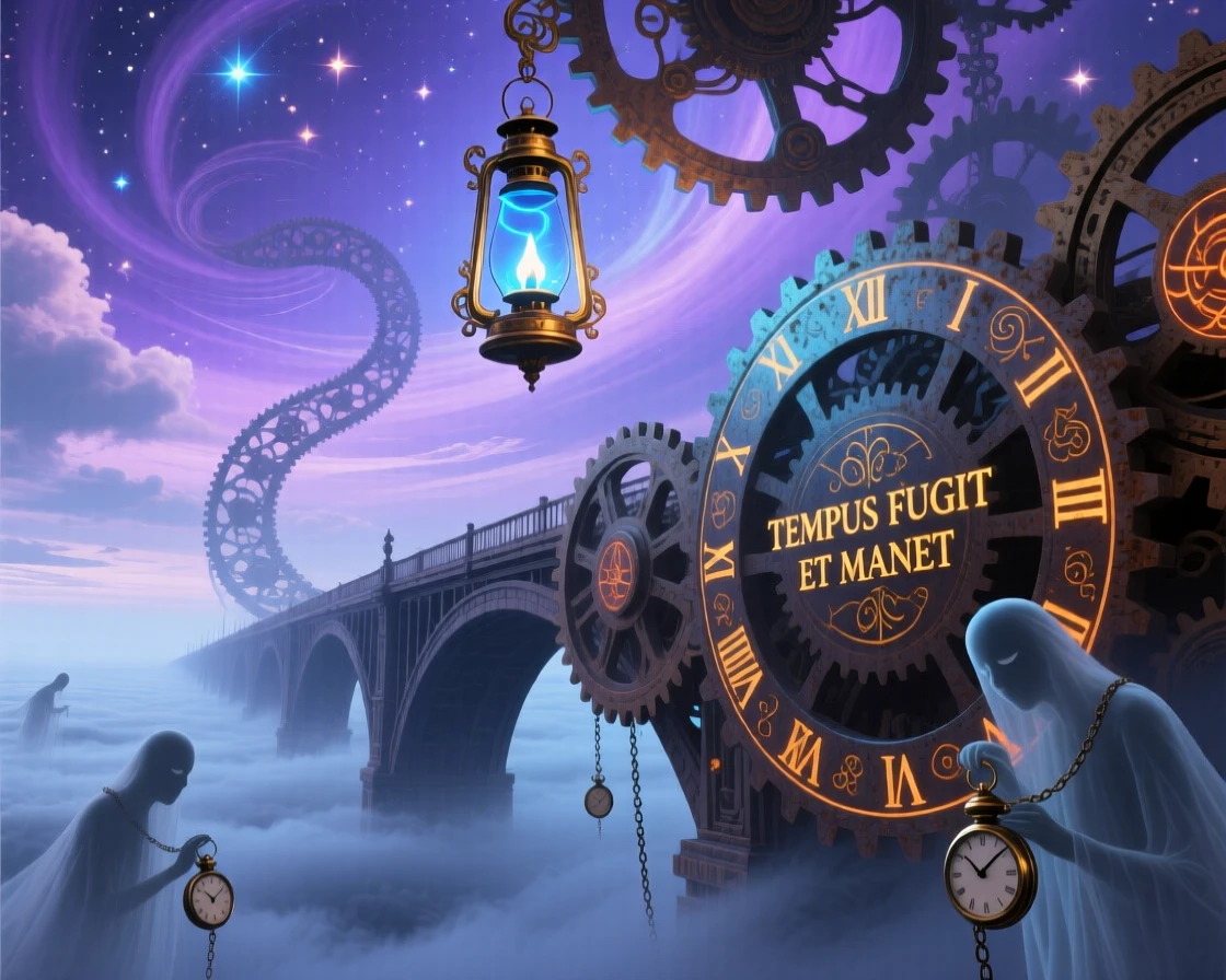 A bridge made of interlocking clock gears rises from a sea of drifting fog, and a single lantern burns at its highest point.