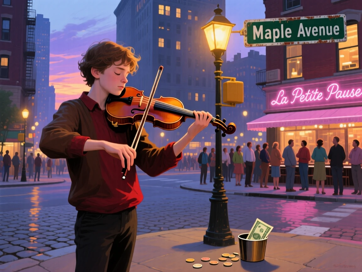 A young violinist performs passionately on a city street corner at dusk, streetlights beginning to glow as passersby pause to listen, soft ambient light gently shaping the contours of their face and surroundings.