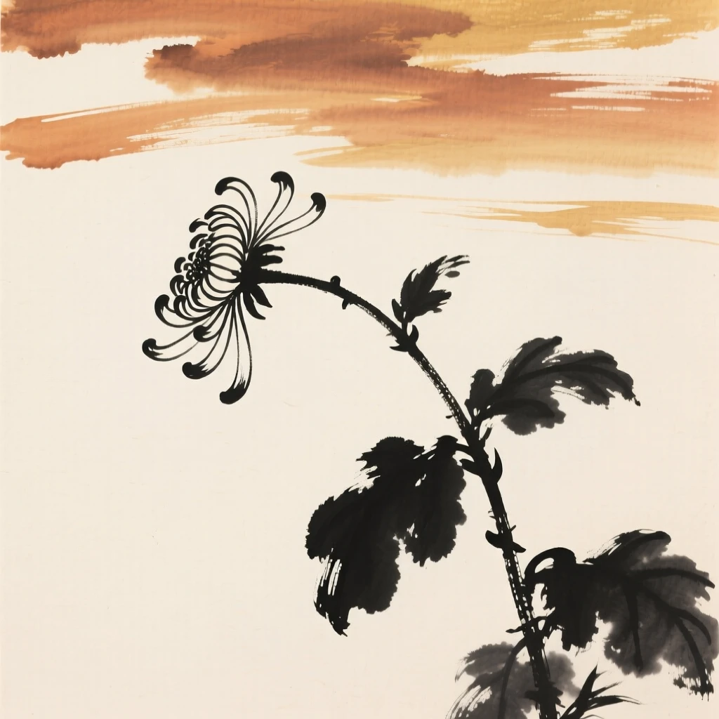 A single chrysanthemum stem bends gently under an autumn breeze, beneath a sky streaked with the colors of late autumn.