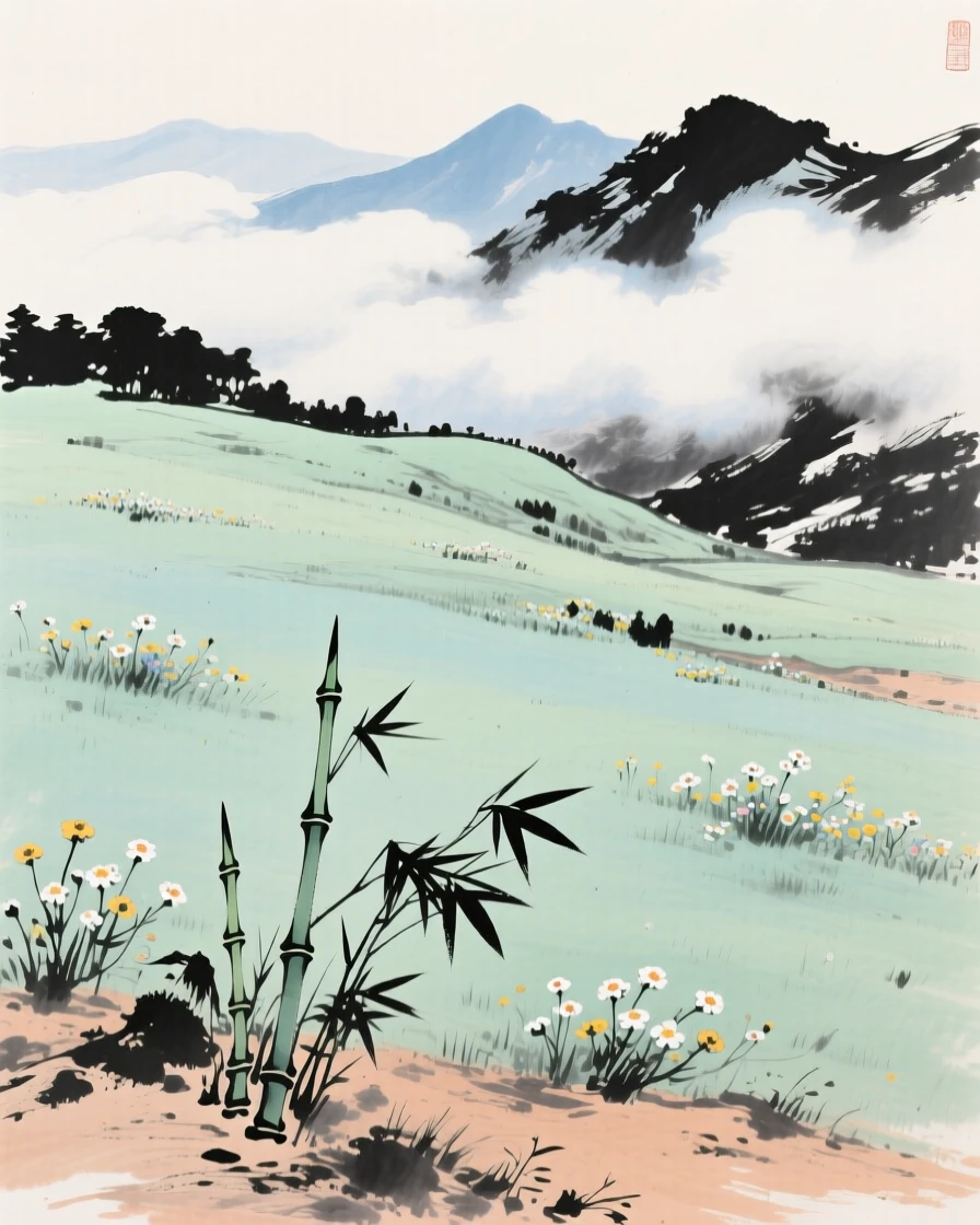 A high alpine meadow dotted with wildflowers, as new bamboo shoots break through the soil, beneath low hanging clouds.