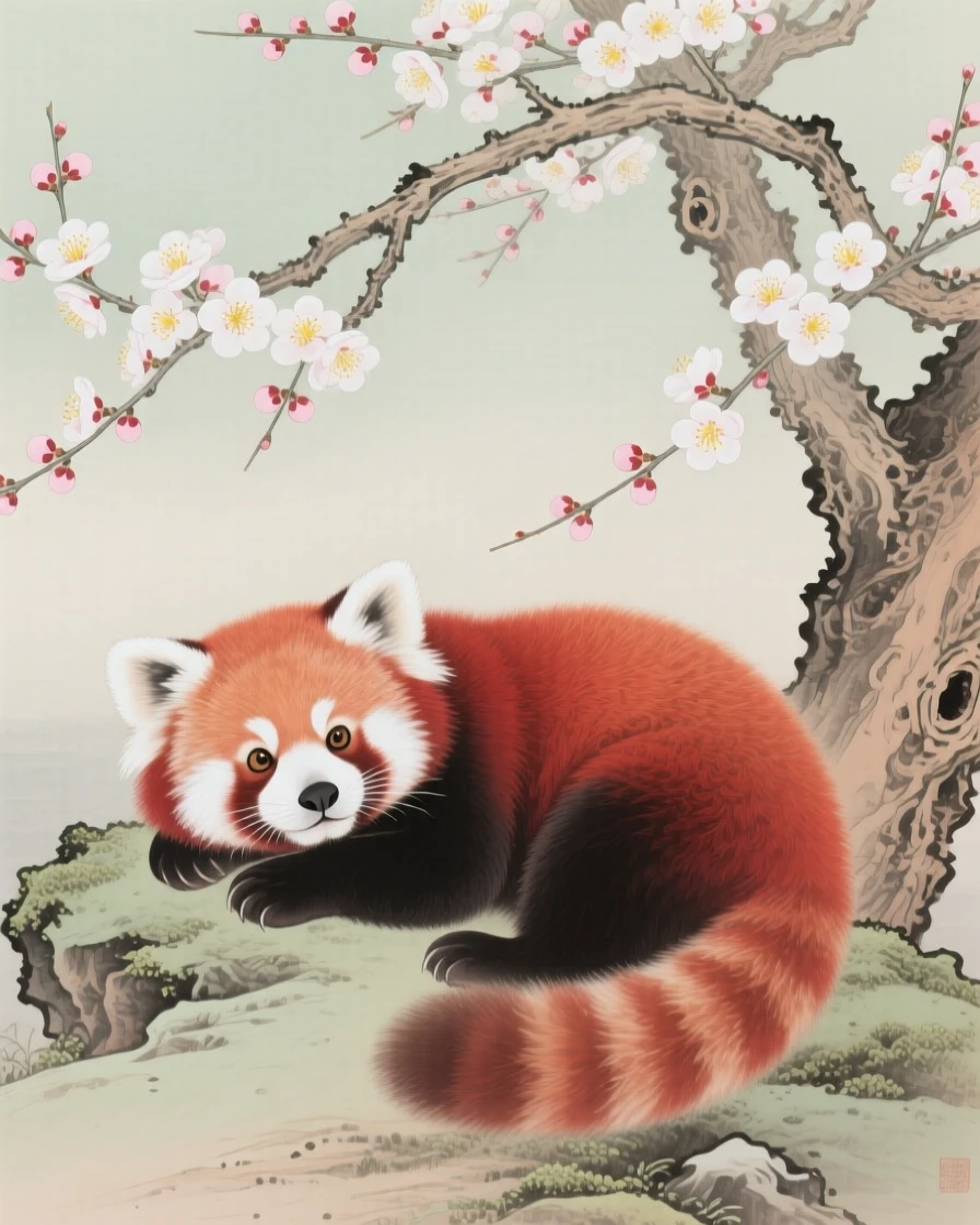 A red panda resting beneath a blooming plum tree
