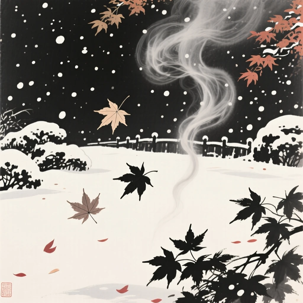 An autumn evening with drifting maple leaves and rising smoke within a snow-dusted garden, framed through drifting petals or falling snow for depth, carrying a joyful yet peaceful atmosphere.