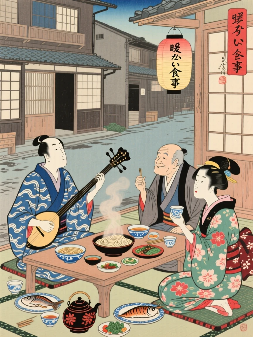 A street musician gathered around a table sharing a warm meal.
