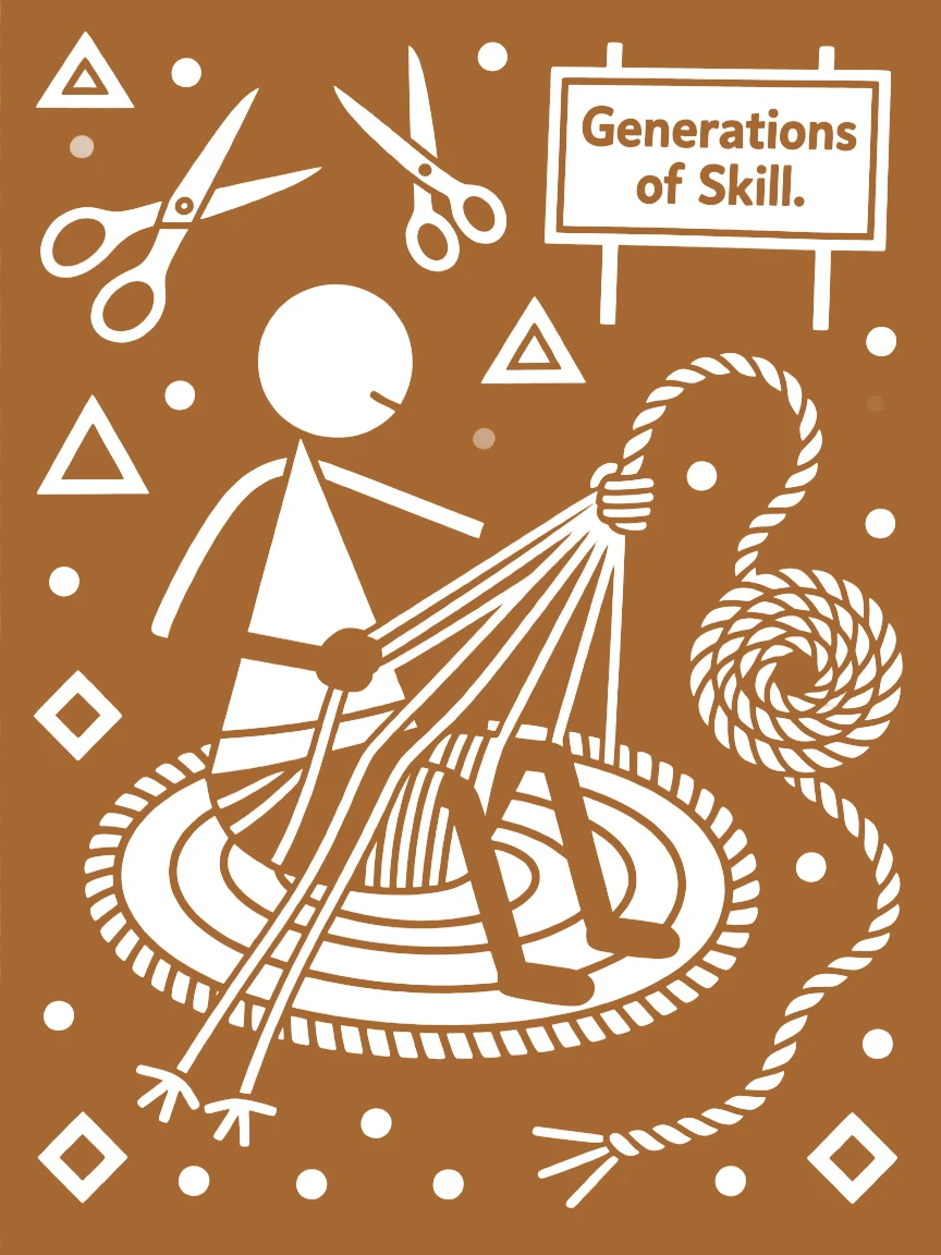 A rope maker demonstrating a skill passed down for generations.