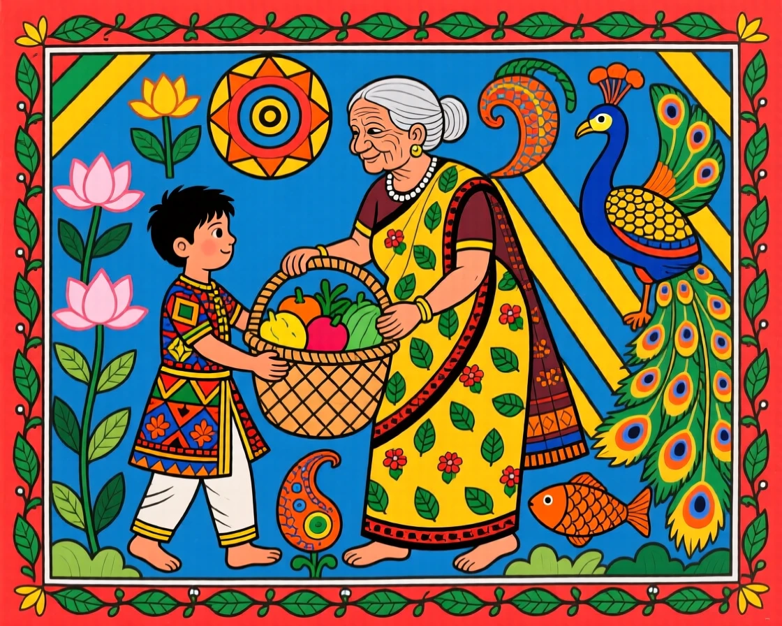 A young boy helping an elderly woman carry her basket home.