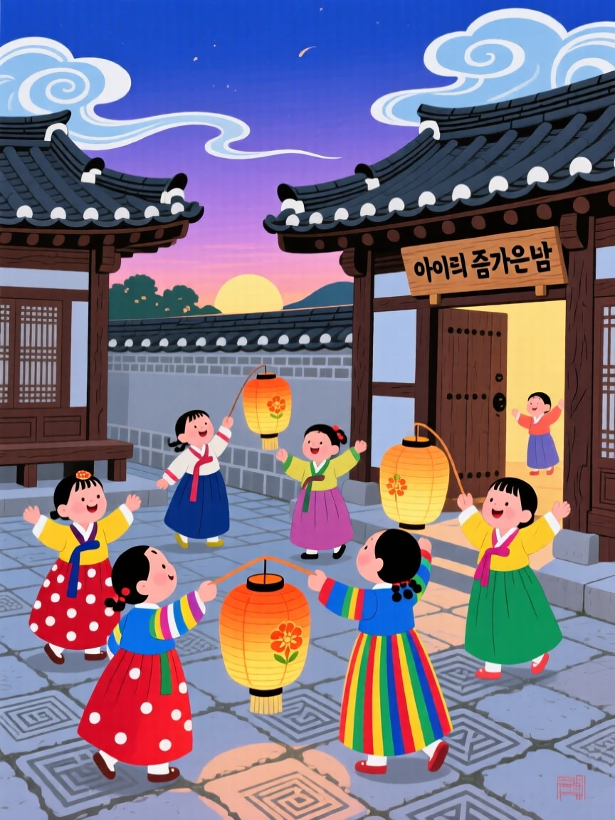 Children playing with paper lanterns at dusk, in a sunlit courtyard.