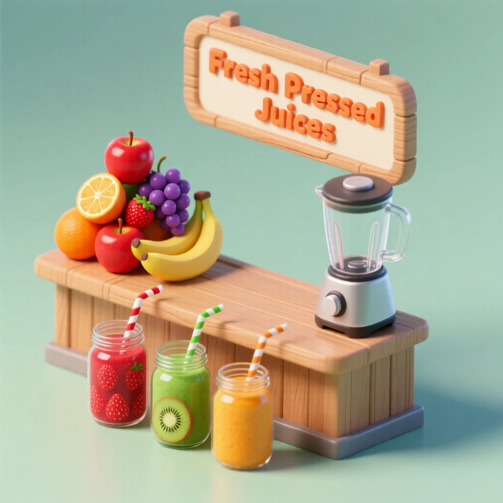 A charming juice bar with fresh fruit stacked in colorful pyramids, a blender whirring, and mason jars filled with vibrant smoothies.