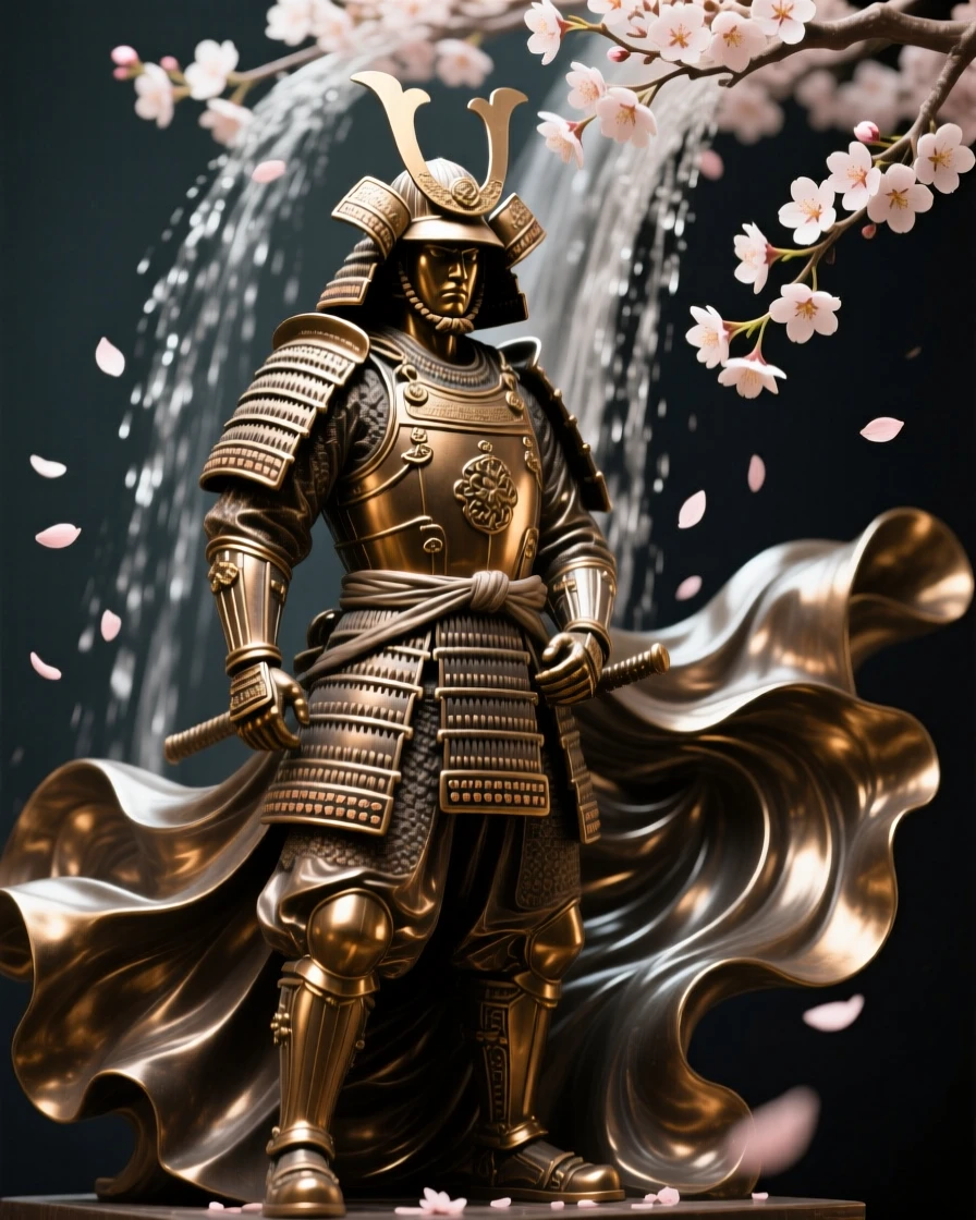 A samurai standing resolute beneath falling cherry blossoms, amid a swirl of dramatic drapery, forming a strong central focal point