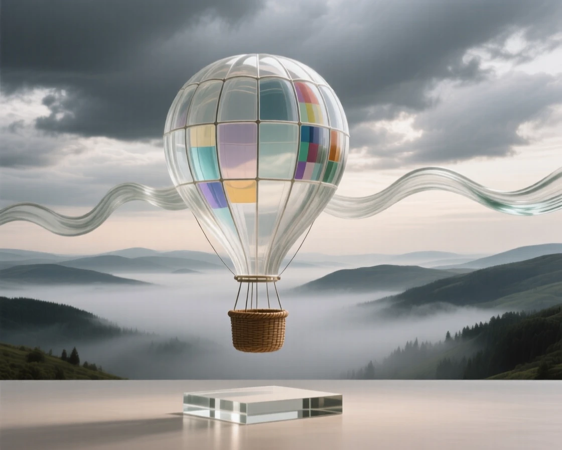 A hot air balloon floating over a foggy valley under a dramatic sky with shifting clouds, wide panoramic composition, feeling expansive and awe-inspiring.