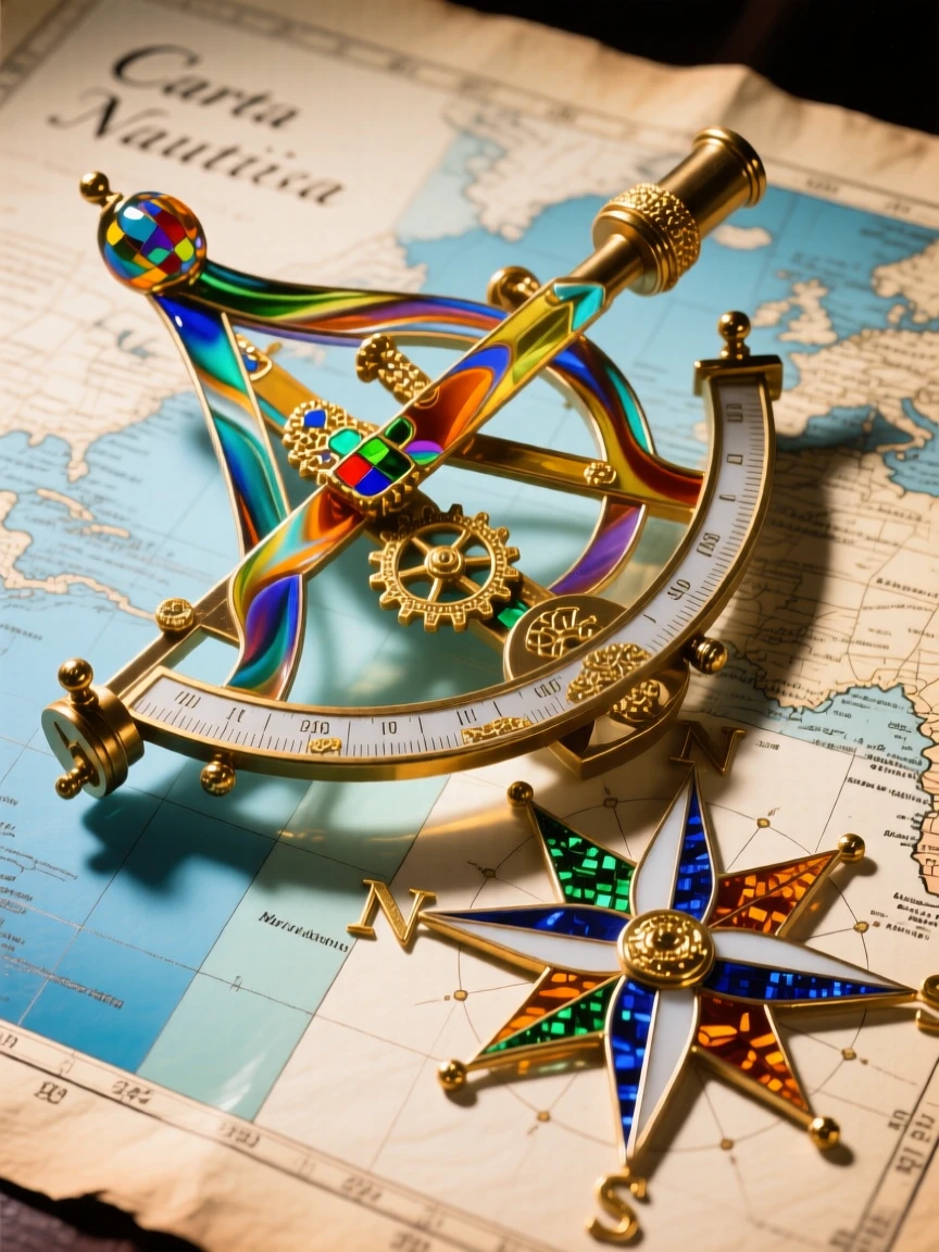 An antique sextant resting on a chart beside a compass rose, adventurous and historic.