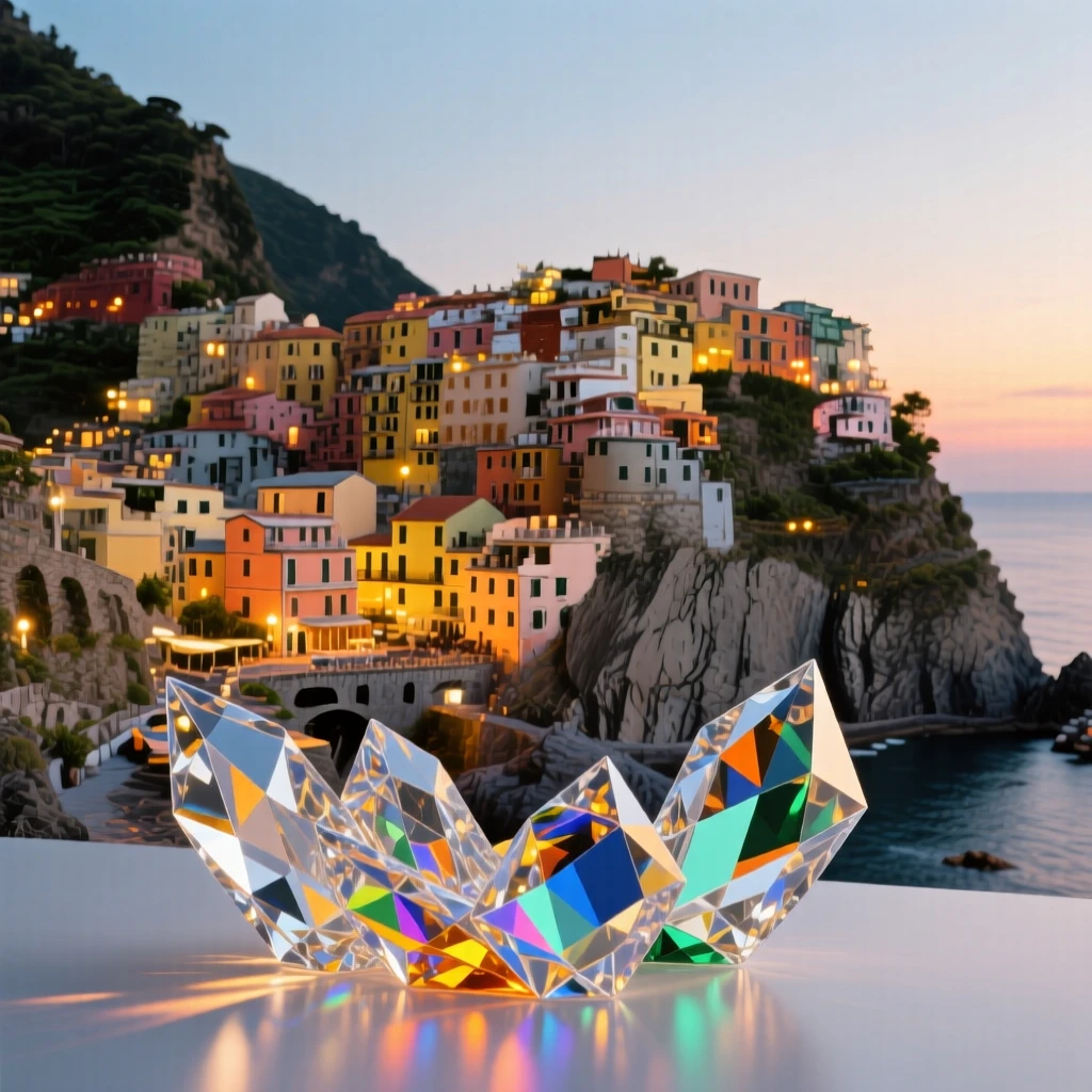 A remote cliffside village in the Amalfi coast glowing warmly at dusk.
