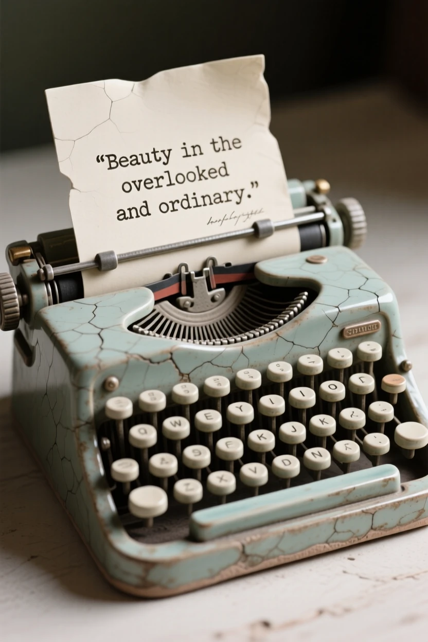 A vintage typewriter with a page mid-type staged with careful, artful precision, showing small, charming signs of age, capturing beauty in the overlooked and ordinary.