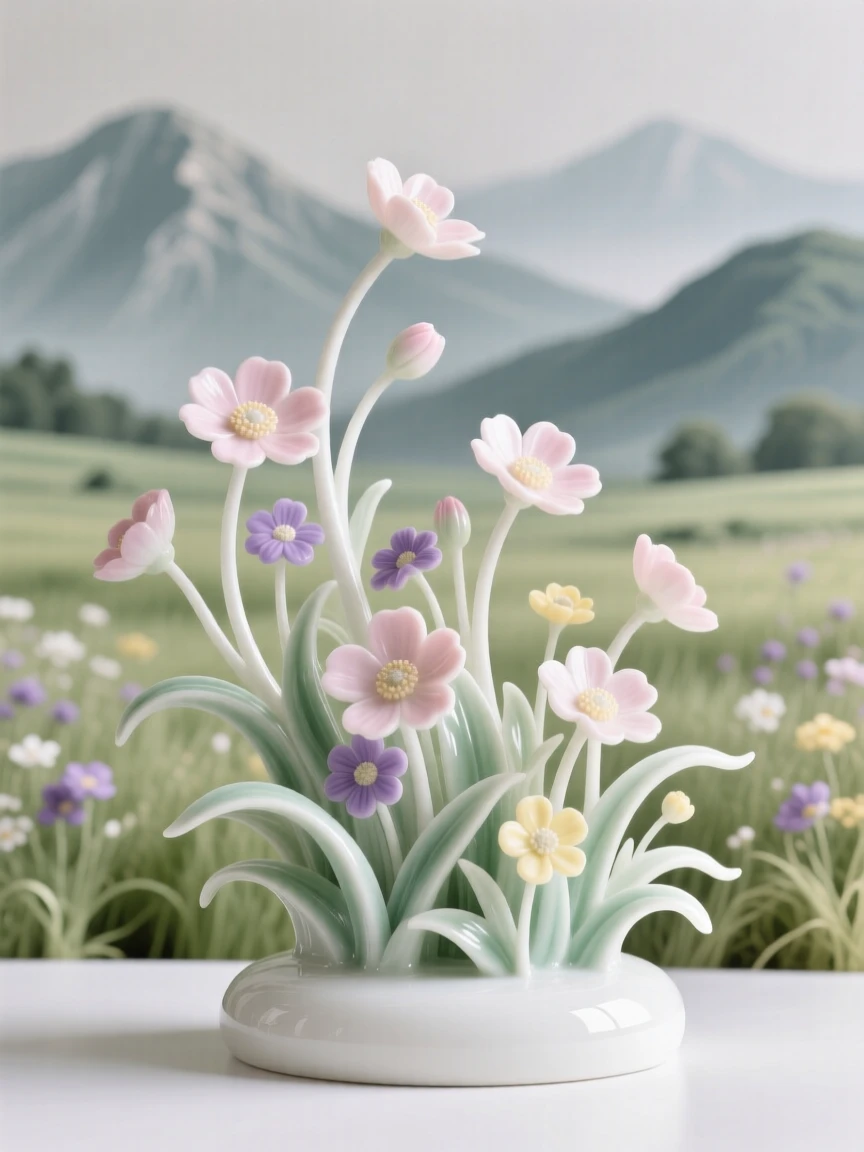 A tranquil meadow of wildflowers swaying in the breeze, framed by distant mountains.
