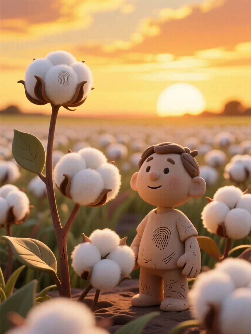 A field of cotton plants glowing white beneath a golden sunset