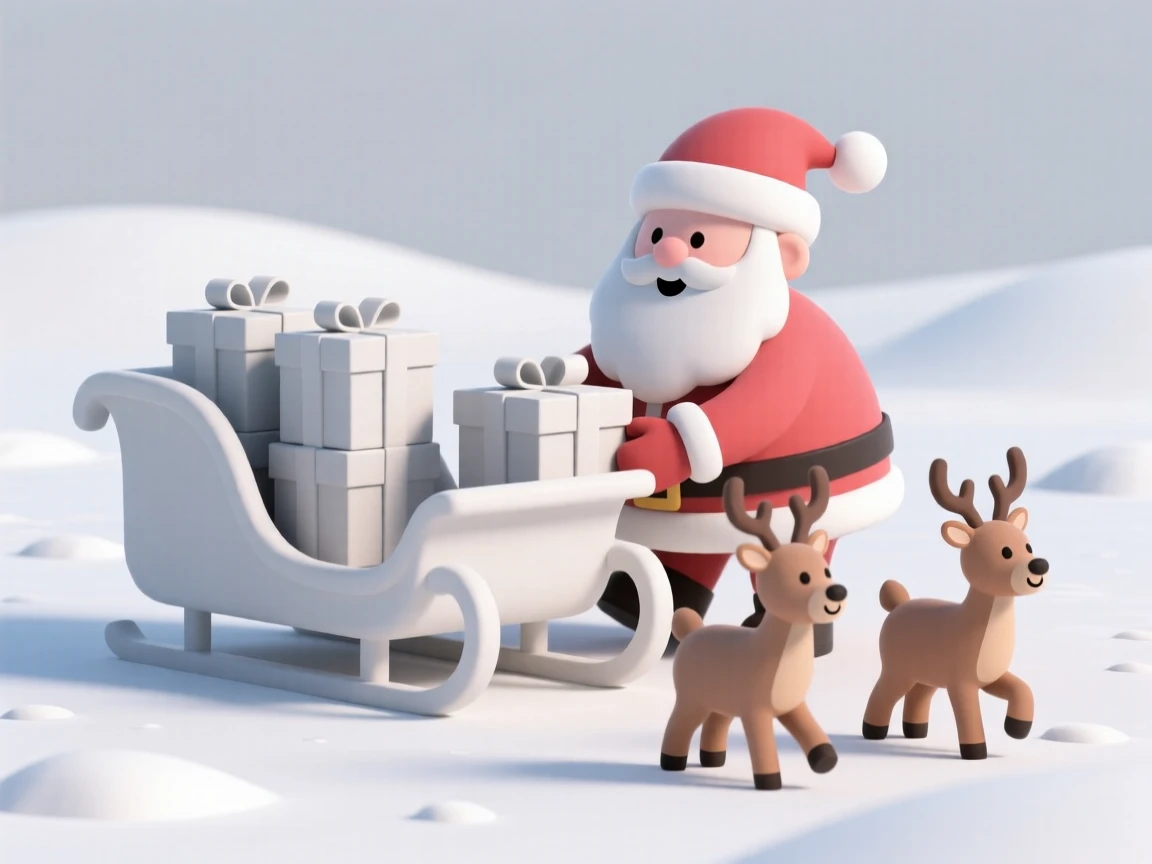 A jolly Santa Claus loads a sleigh with wrapped presents, reindeer pawing eagerly at fresh fallen snow.